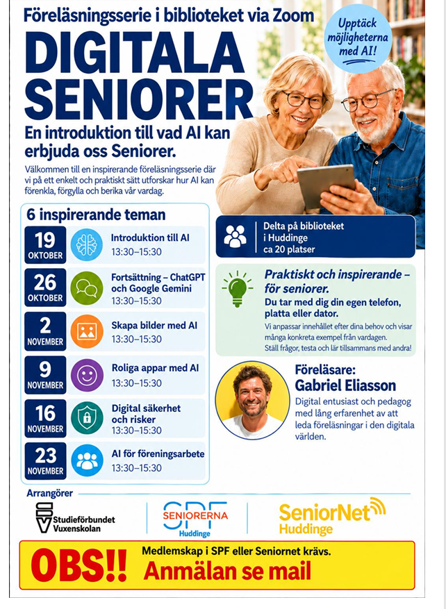 SeniorNet Huddinge tillsammans med SPF-Seniorerna bjuder in till 6 olika tillfällen föreläsningar kring AI