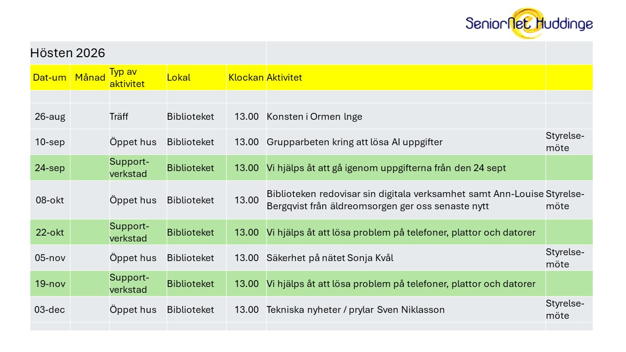 SeniorNets aktiviteter hösten 2026